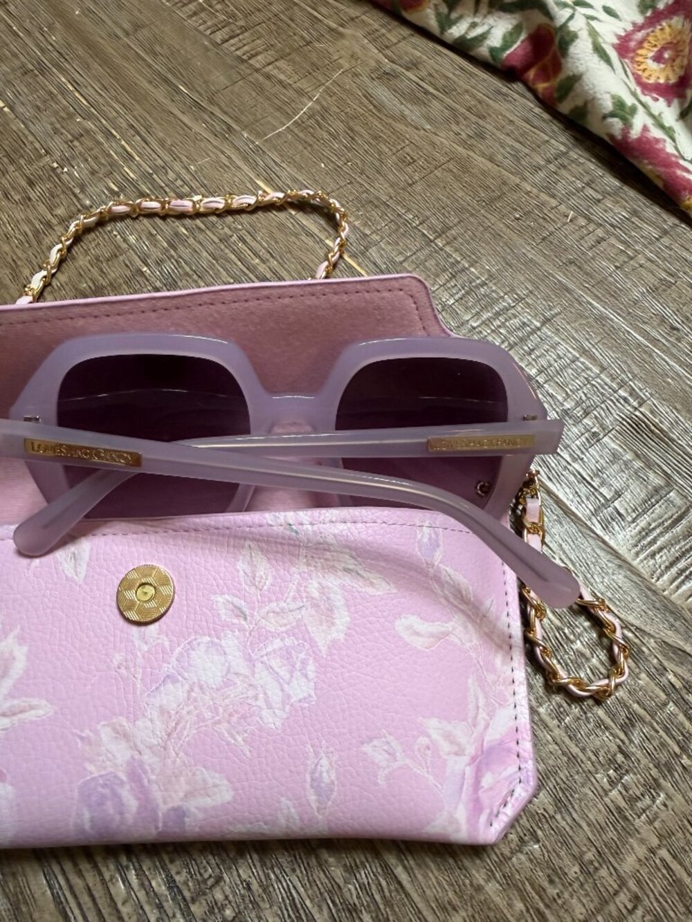 Love Shack Fancy Sunglasses Lavender with gold accents and floral case - Picture 2 of 8